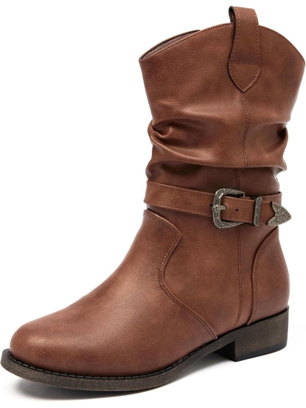 Women’s Dark Brown Mid-Calf Western Boots, Low Heel Zipper Boots